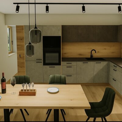 The modern kitchen of the Bed and Breakfast is equipped with an oven, sink, and hob, and features a dining area with a wooden table and chairs.