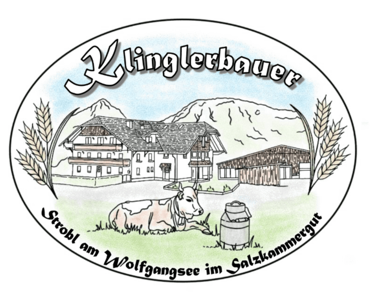 The Klinglerbauer farm house logo, depicting traditional buildings, mountains, a cow, and wheat, reflecting its setting in Strobl am Wolfgangsee.