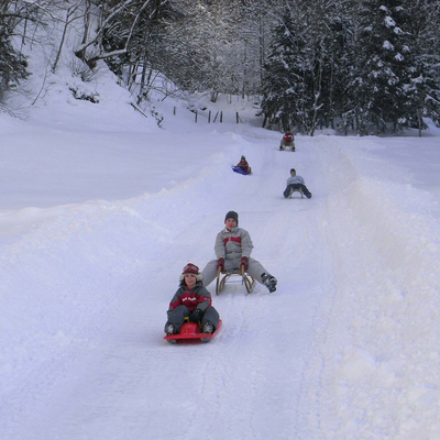 Children and adults sledding down a snowy slope.
