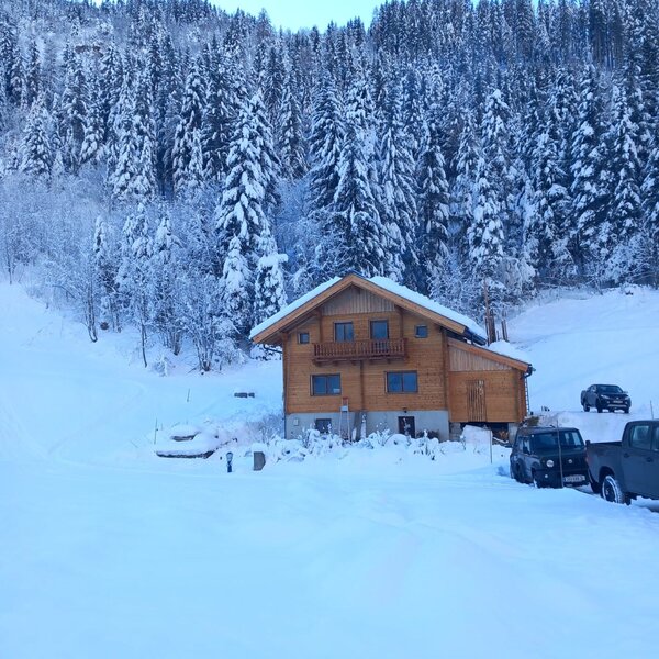 The wooden farmhouse, featuring a balcony, stands in a snowy winter landscape with a dense forest backdrop, providing direct access for skiing, cross-country skiing, and ski tours.