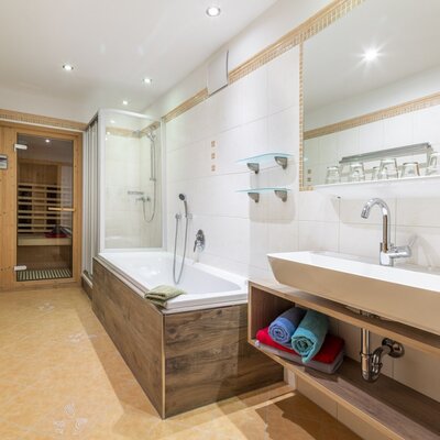 Bathroom in the Farm House, featuring a bathtub with shower, a modern sink, and an infrared sauna.