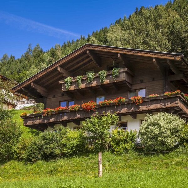 The farm house features a traditional wooden exterior with balconies decorated with red flowers and greenery, situated on a green hillside.