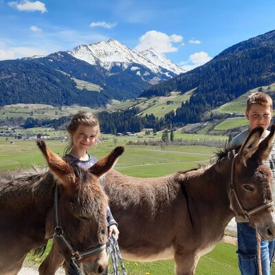 Two children with two donkeys at the Farm House, set against a valley view with snow-capped mountains.