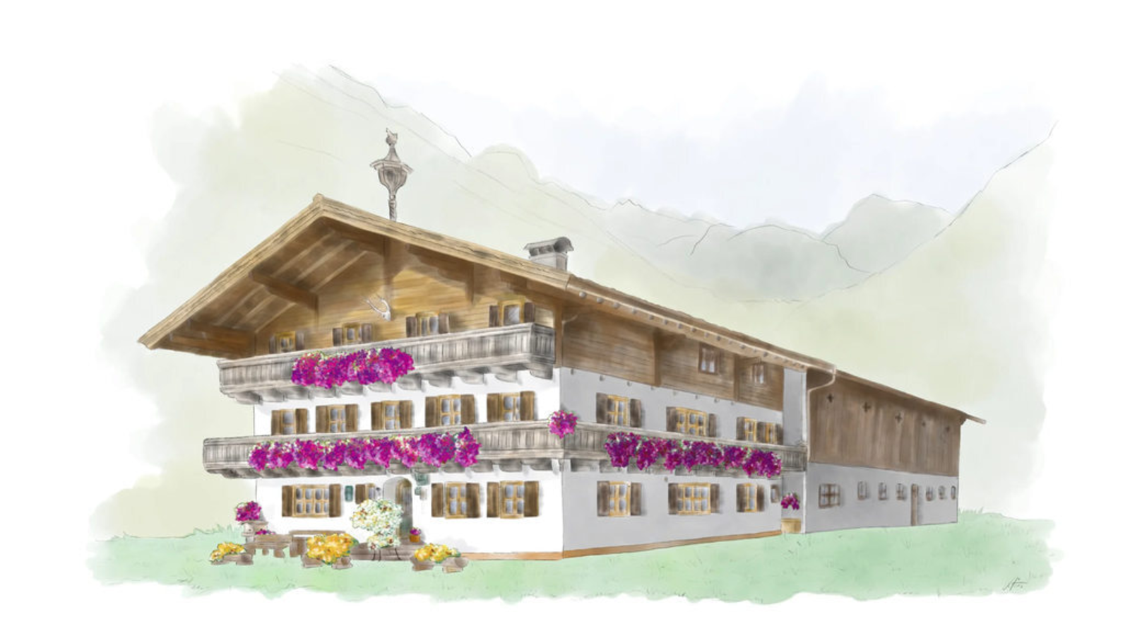 The traditional farm building of the Müllergut Bed and Breakfast, featuring flower-adorned balconies and a mountain backdrop.