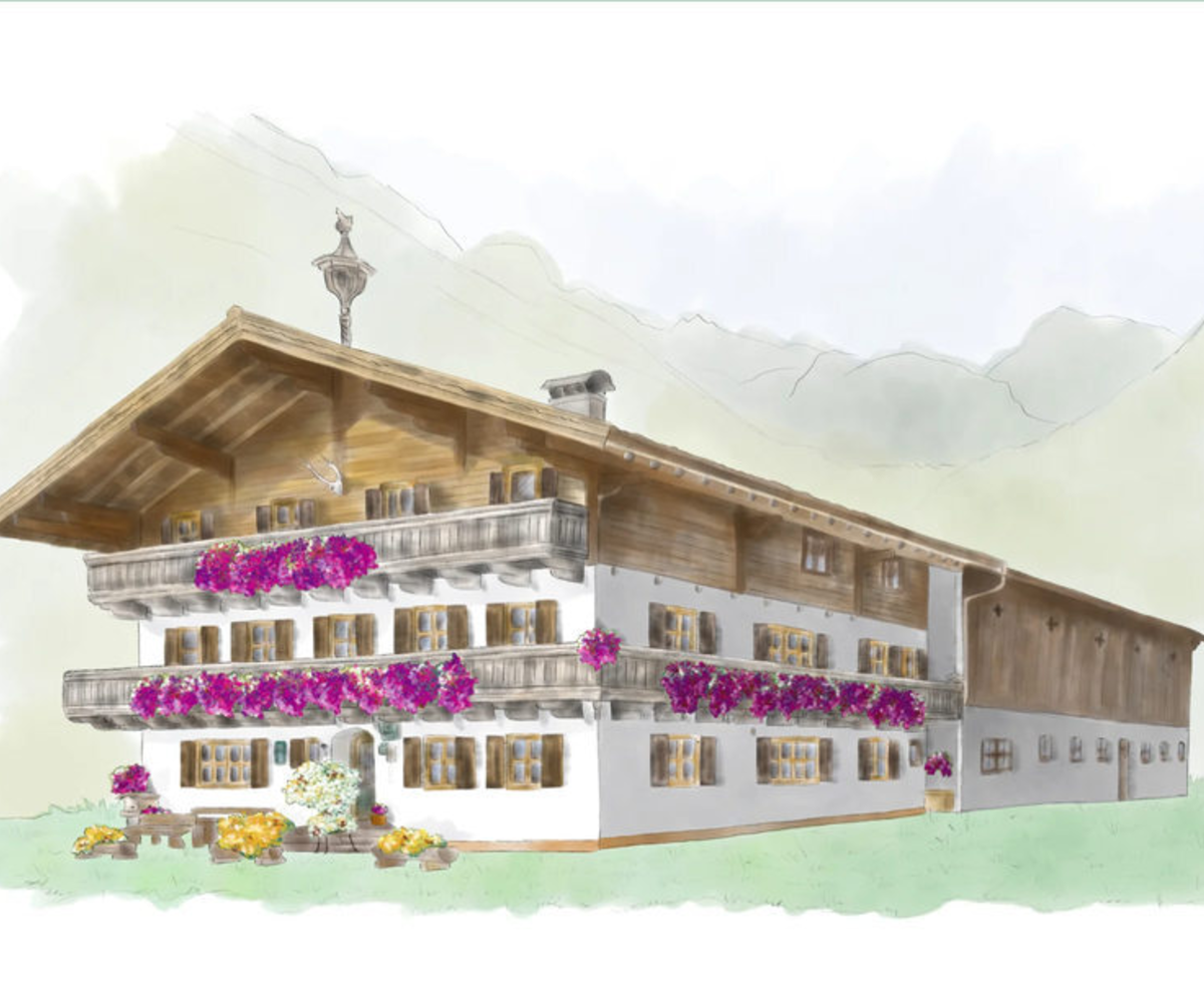 The traditional farm building of the Müllergut Bed and Breakfast, featuring flower-adorned balconies and a mountain backdrop.