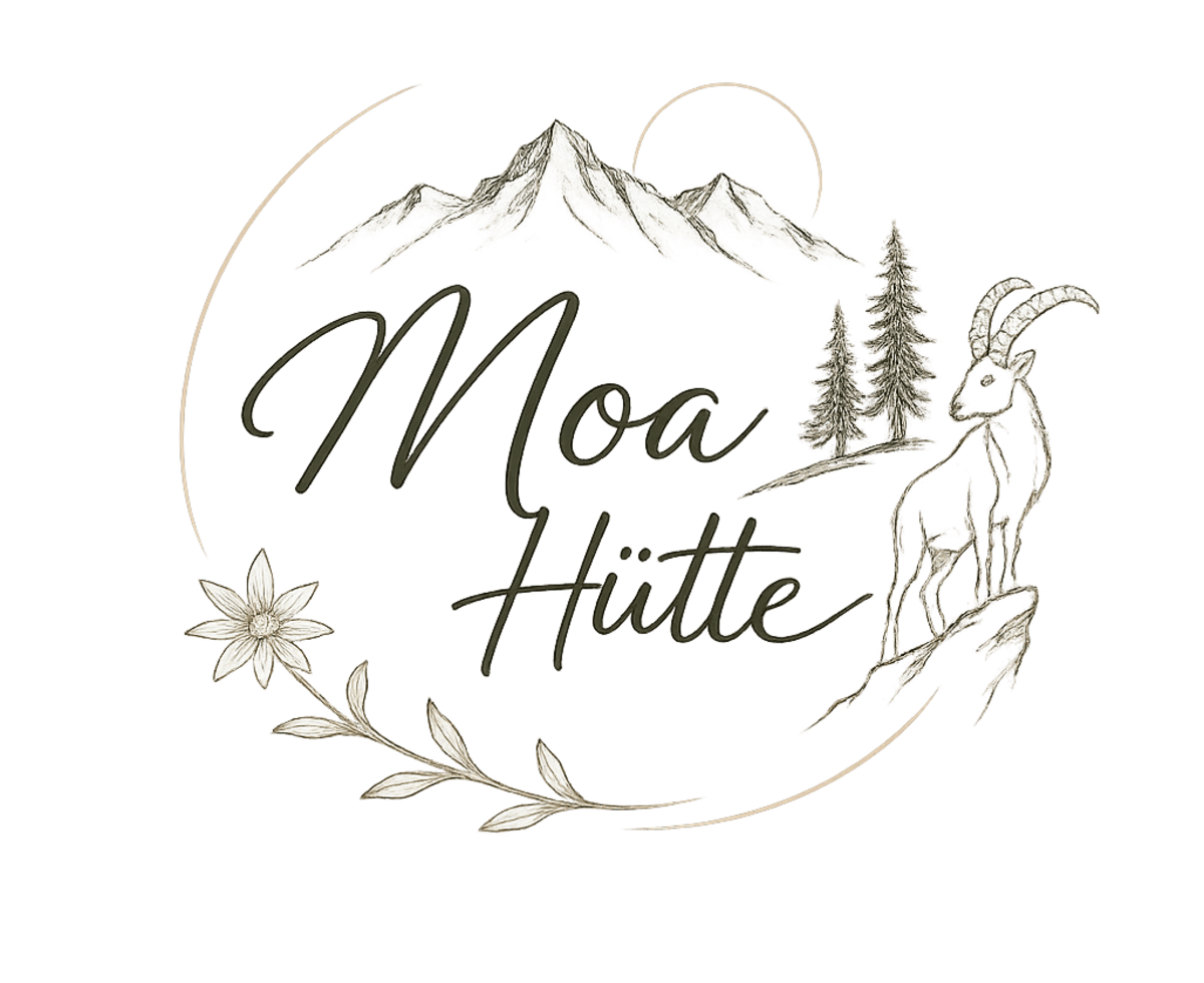 The elegant logo of the bed and breakfast, featuring alpine motifs like mountains, an ibex, and a delicate flower.