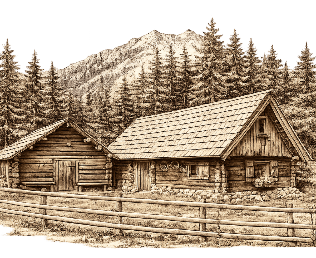 A detailed sketch of the charming bed and breakfast styled as a rustic wooden cabin, surrounded by dense pine trees and mountains.