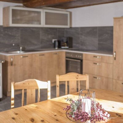 The Alm's cozy kitchen and dining area, featuring a modern kitchenette, a traditional wood-burning stove, and an inviting wooden dining table.