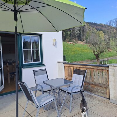 Ferienwohnung terrace with dining table, chairs, umbrella, and a view of the surrounding landscape with pastures.