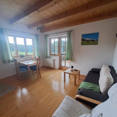Living area of the Ferienwohnung with a sofa bed, dining table for four and balcony access.