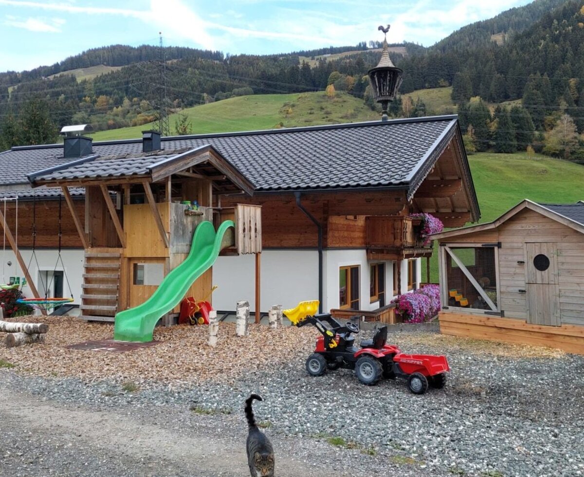 The farmhouse's inviting outdoor play area, featuring a slide, swings, and a small playhouse set against a scenic mountain backdrop.