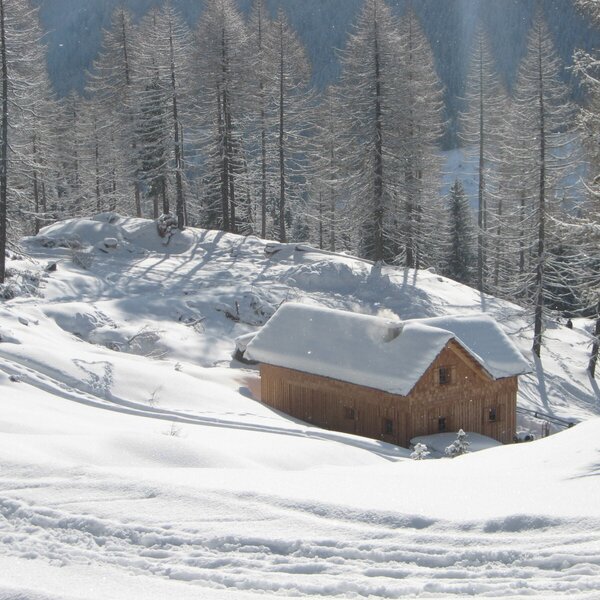 The wooden farmhouse with a snow-covered roof and chimney, situated in a snowy mountain landscape surrounded by evergreen trees, with ski tracks visible in the foreground. The wooden farmhouse with a snow-covered roof and chimney, situated in a snowy mountain landscape surrounded by evergreen trees, with ski tracks visible in the foreground.