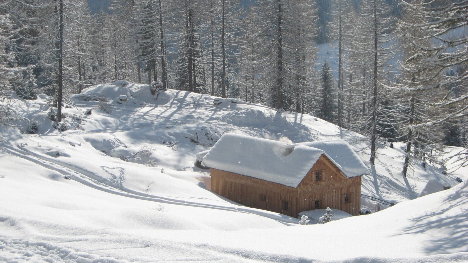 The wooden farmhouse with a snow-covered roof and chimney, situated in a snowy mountain landscape surrounded by evergreen trees, with ski tracks visible in the foreground.