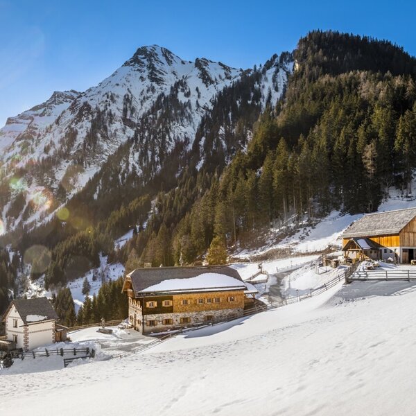 The exterior of the Farm House, a traditional wooden building, set within a snow-covered mountain landscape with a clear, sunny sky.