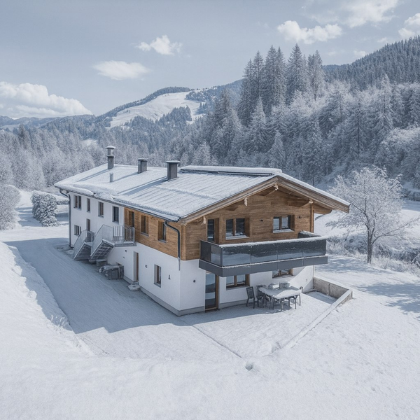 The farmhouse in winter, with snow-covered mountains and trees in the background, features a balcony and a patio with seating.