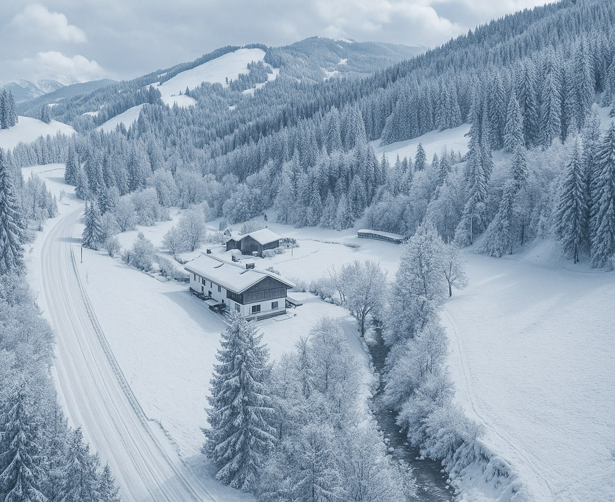 The farmhouse in a snowy mountain landscape with pine trees, a road, and a stream.