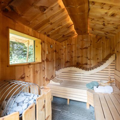 The alm's inviting wooden sauna, featuring comfortable benches, a large window, and warm lighting.