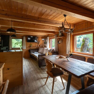 A cozy living and dining area in the Alm, featuring rustic wooden furniture, an inviting seating corner, and scenic views of the surrounding greenery.