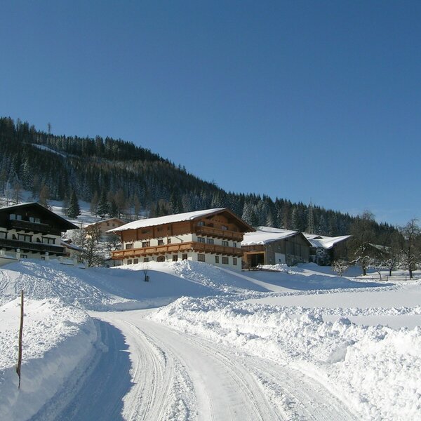 The Farm House exterior in a snow-covered winter landscape, with a cleared road leading to the buildings and a forested mountain in the background.