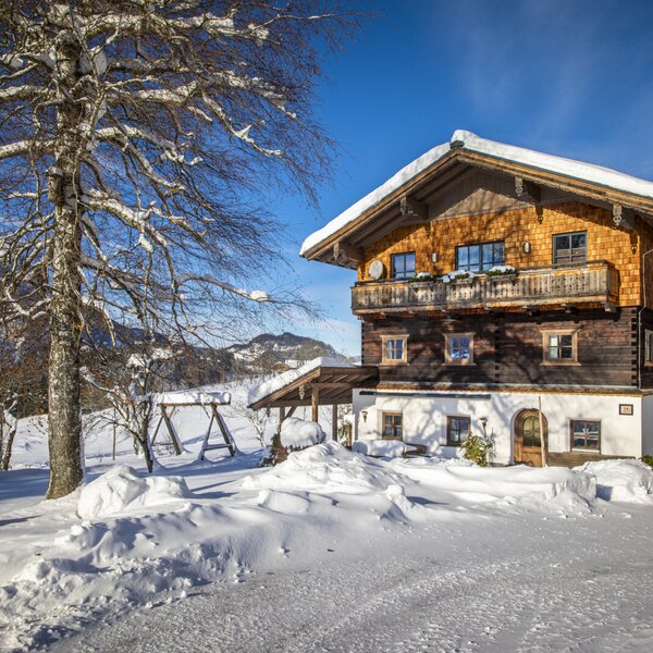 The farmhouse exterior, featuring wooden cladding and balconies, is set against a snow-covered landscape with mountains and a swing set.