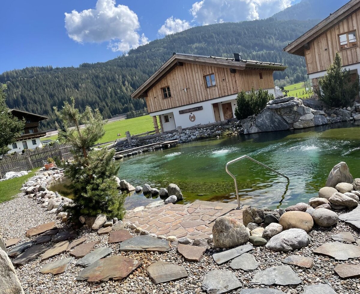 The natural swimming pond at the Farm House features water jets, a handrail for entry, and stone landscaping with mountain views.