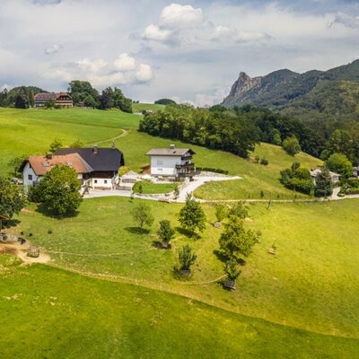 The inviting farmhouse surrounded by lush green meadows and a picturesque mountain backdrop.