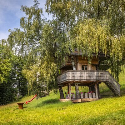 The farmhouse's charming treehouse on a sunny green hillside with a fun red slide for children.