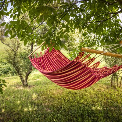 An inviting hammock in the farmhouse's shaded garden, perfect for relaxing.