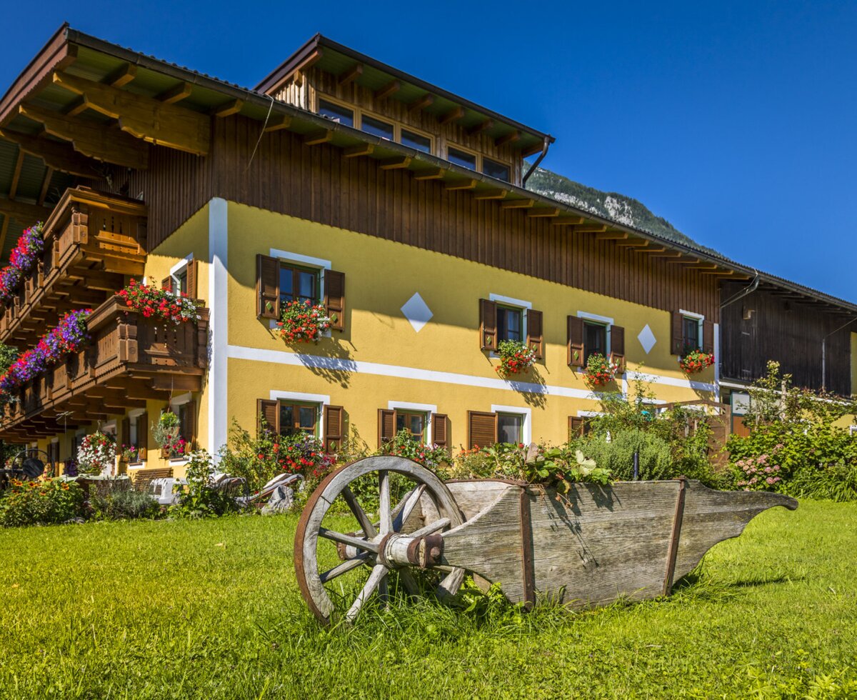 The Farm House exterior with a yellow facade, wooden balconies adorned with flowers, and a green lawn, set against a mountain backdrop.