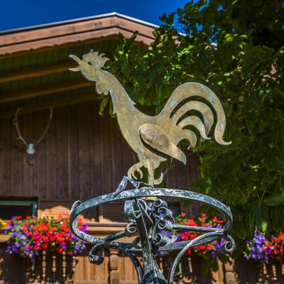 The Farm House exterior features a traditional rooster weathervane, flower-filled balcony boxes, and mounted antlers.