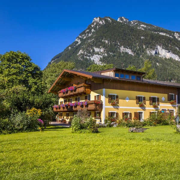 The Farm House exterior with a yellow facade, wooden balconies adorned with flowers, a green lawn, and mountains in the background.