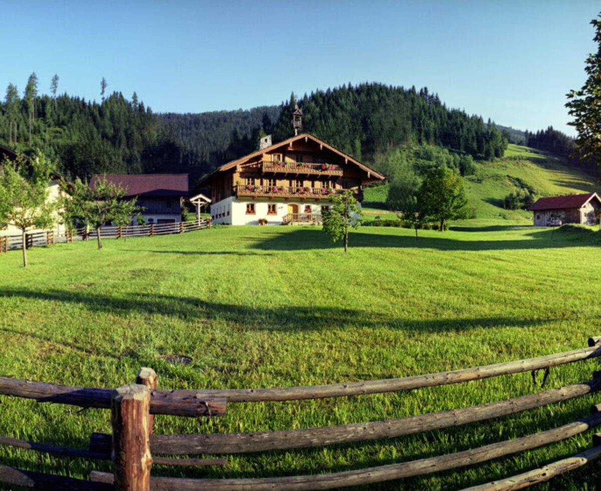 The Farm House buildings are set among green fields with a wooden fence, backed by forested mountains.