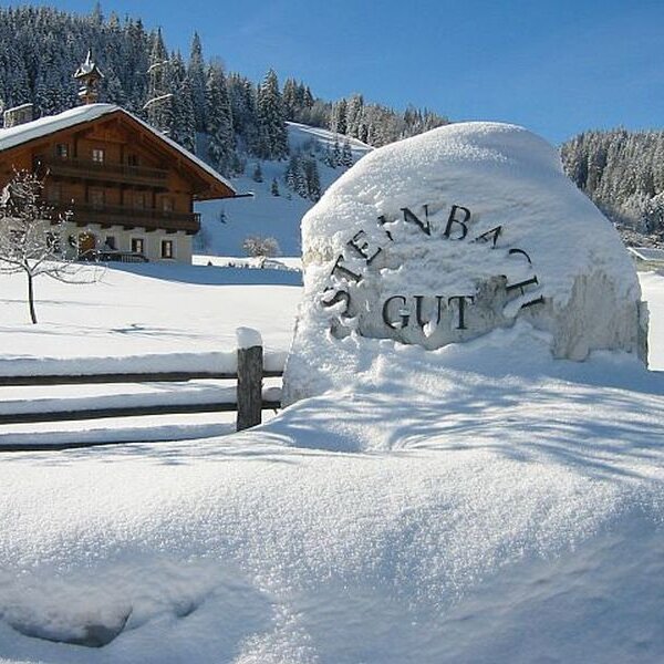 The Farm House in winter, surrounded by snow and featuring a stone sign with the property's name.
