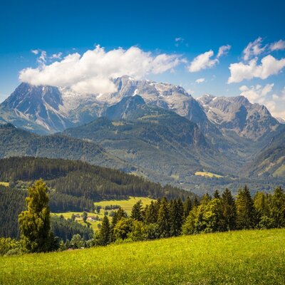 The mountain landscape with green fields and forests, offering a glimpse of the hiking opportunities near the Farm House.