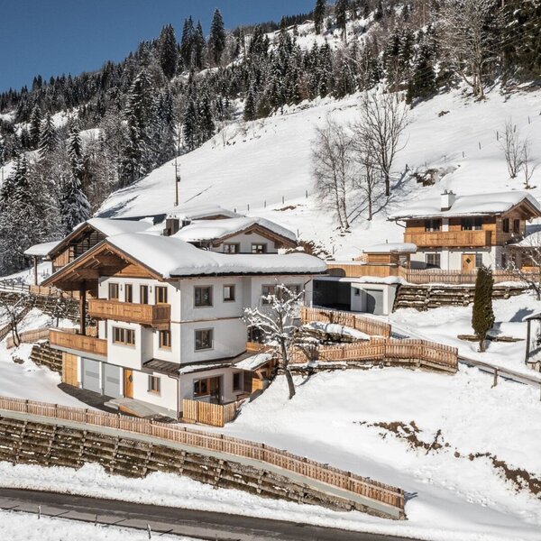 The farmhouse, featuring wooden balconies and snow-covered roofs, is set on a snowy hillside surrounded by pine forests and other traditional buildings.