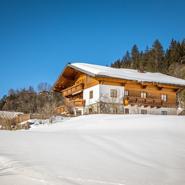 The Farm House exterior in winter, surrounded by snow and a forest, under a clear blue sky.
