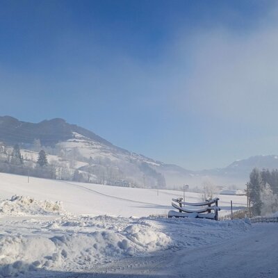 View of the snow-covered mountains and fields surrounding the farm house under a clear blue sky.