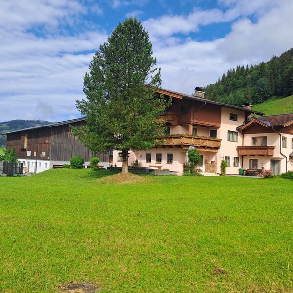Exterior view of the farmhouse with balconies, a large lawn, and an adjacent barn against a mountain backdrop.