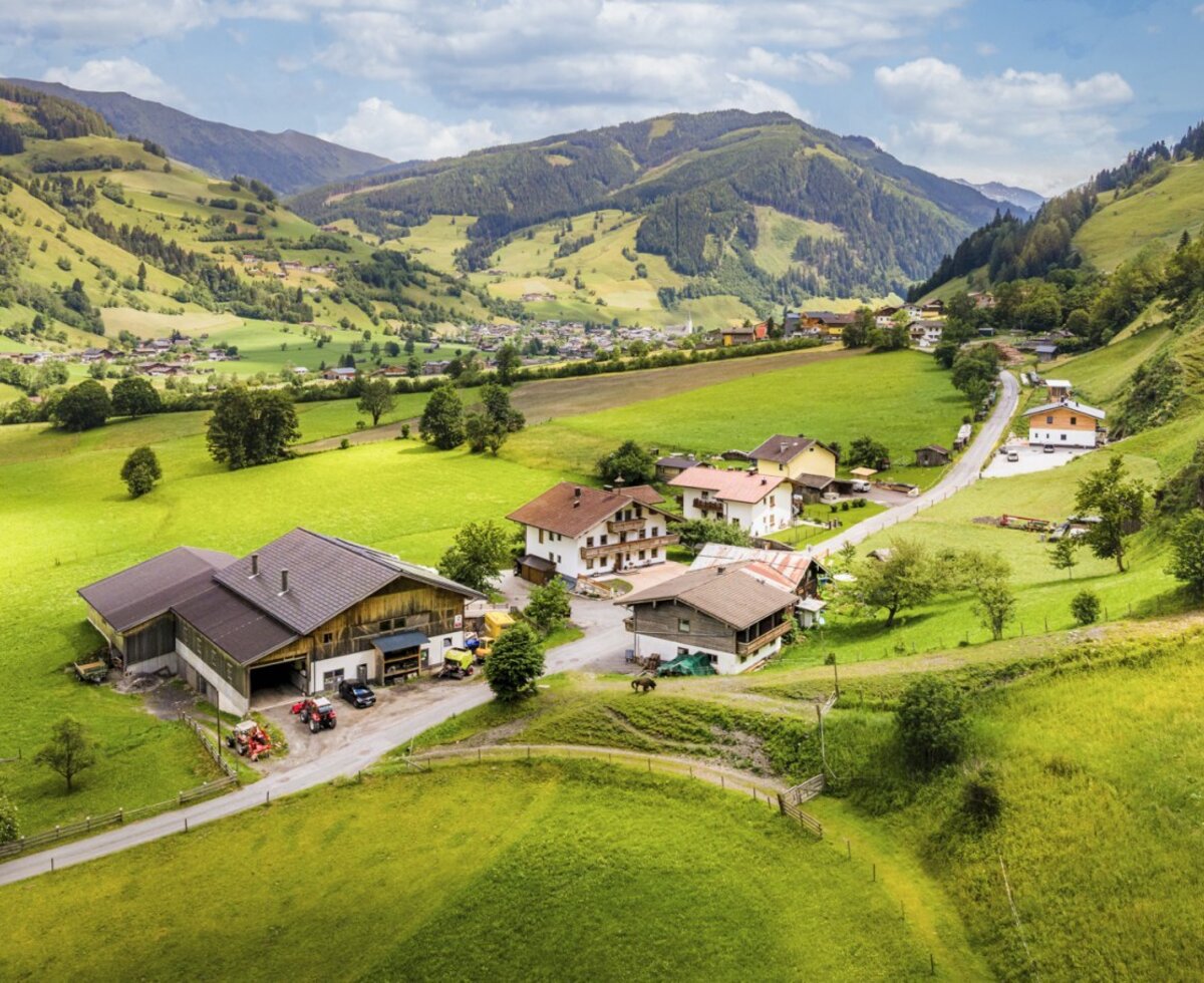 The scenic setting of the apartment, nestled in a lush green mountain valley.