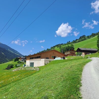 The farmhouse is situated on a green hillside, surrounded by distant mountains and accessed by a gravel path.