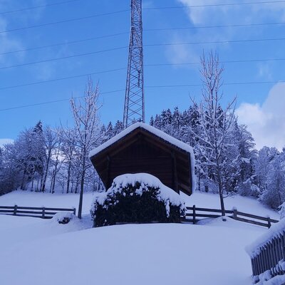 The winter landscape near the farmhouse, featuring a snow-covered wooden shelter, trees, and an electricity pylon.