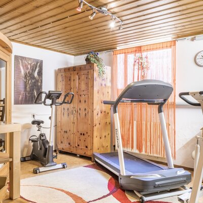 A fitness and wellness area in the Farm House, featuring a sauna, exercise bike, treadmill, and stepper.