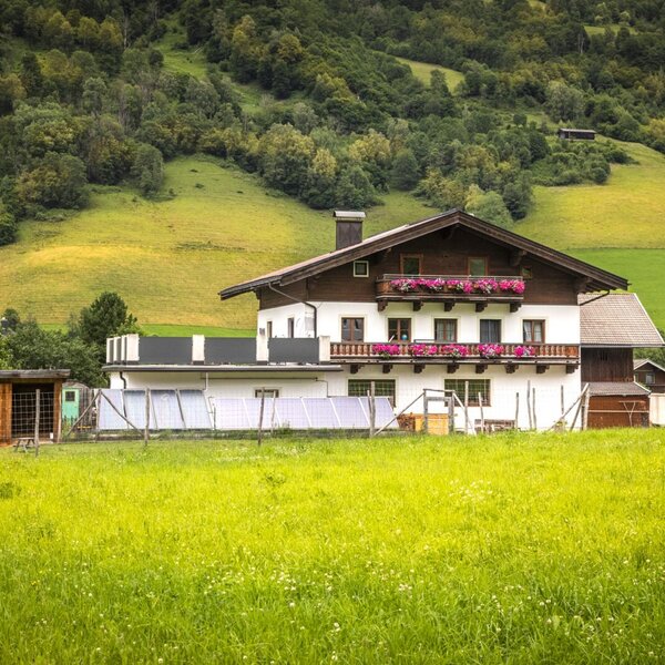 The welcoming apartment house features traditional wooden balconies with pink flowers, set against a lush green meadow and forested hills.