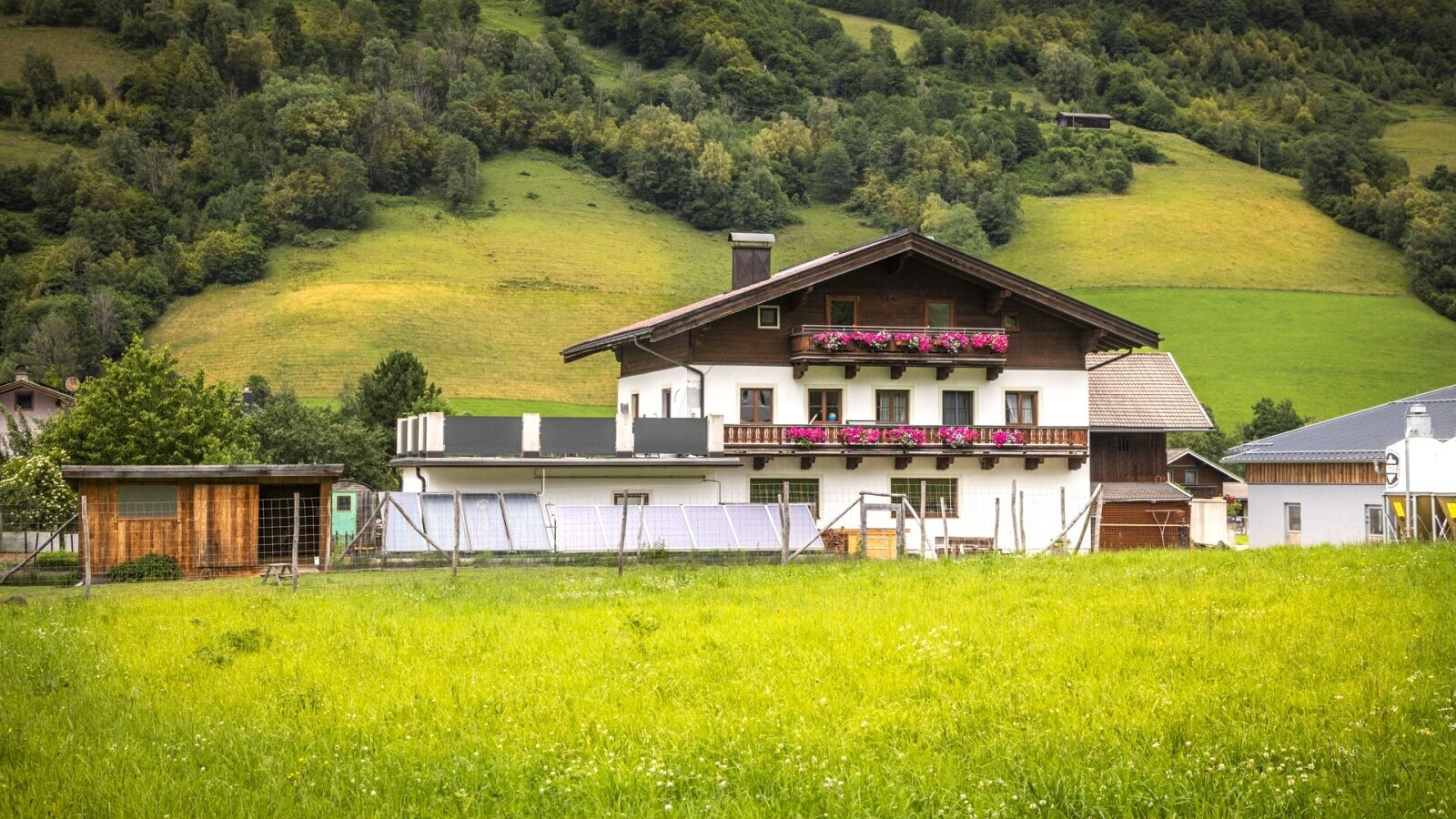 The welcoming apartment house features traditional wooden balconies with pink flowers, set against a lush green meadow and forested hills.