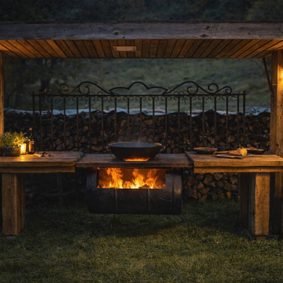 The covered outdoor cooking area of the farmhouse, featuring a fire pit and a cauldron for shared meals.