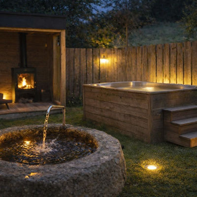 Illuminated outdoor area of the farmhouse featuring a wooden hot tub, a fireplace in a shelter, and a stone fountain.