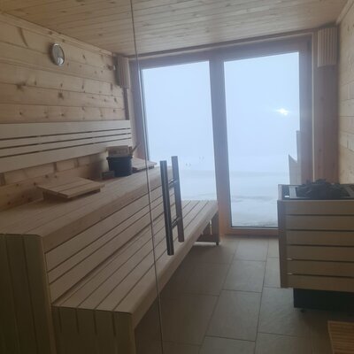 Sauna with panoramic patio door