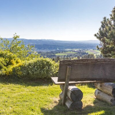 Wooden bench on a lawn with a view of the valley and the surrounding landscape at the farmhouse.