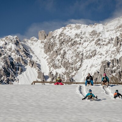 People sledding down a snow-covered hill with mountains in the background at the Farm House.