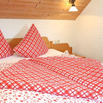 Bedroom in the farmhouse with a double bed, red and white checkered bedding, and a wooden ceiling.